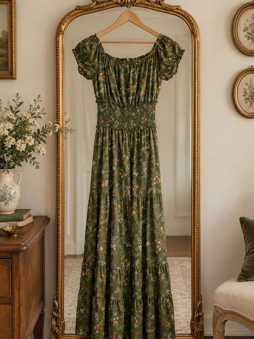 Francesca's Olive Green Floral Cottagecore Smocked Maxi Dress Size Medium